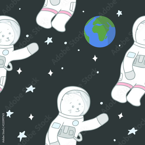 Cute seamless pattern with cat astronaut and Earth illustration. Vector illustration for fabric, textile, nursery wallpaper, print.