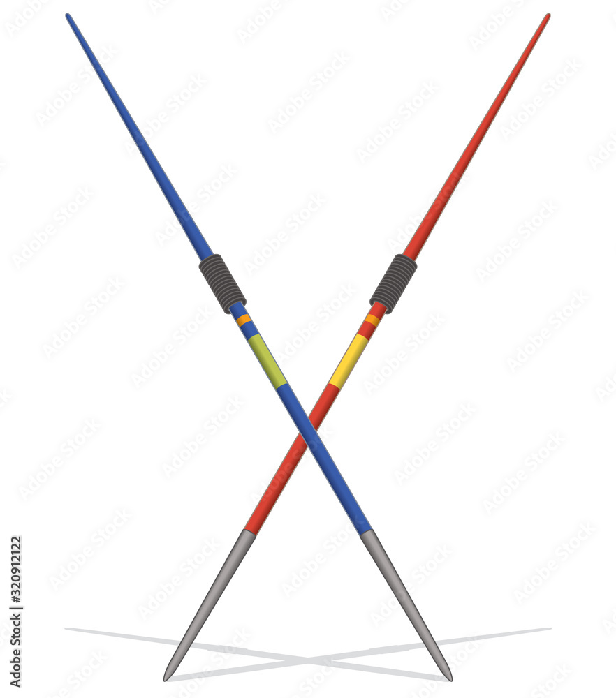 set of two javelin spears blue and red crossed, isolated on a white background set of two javelin spears blue and red crossed, isolated on a white background