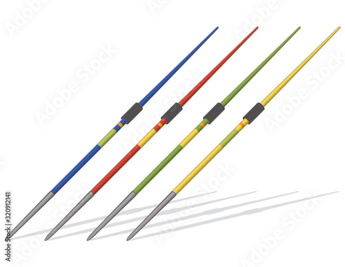 set of four javelin spears blue, red, green and yellow angled and isolated on a white background