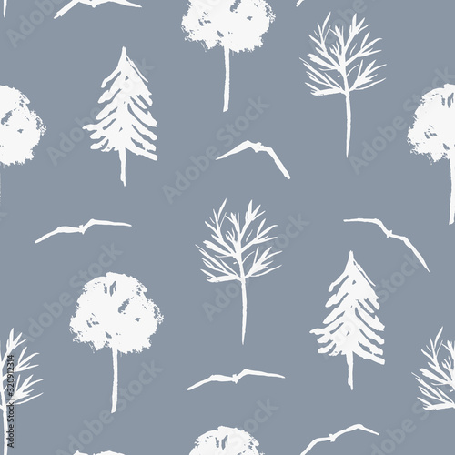 Pale blue seamless pattern with white seagulls and taiga trees. Monochrome gray texture with birds and firs, birch and oak for textile, wrapping paper, surface, wallpaper, background