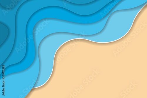 Abstract summer vector background with wavy paper cut blue water and yellow beach. Cute horizontal cutout wallpaper with place for text for tropical travel advertisement, travel banner design