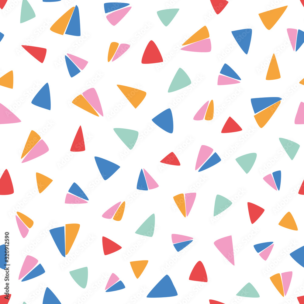 Colorful geometric pattern with flying paper plane like doodle triangles on white background. Surface pattern design. Colorful geometric pattern with flying paper plane like doodle triangles on white background. Surface pattern design.
