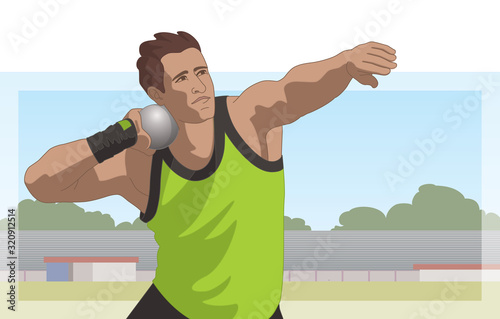 shot put male athlete in position to throw ball with stadium in background