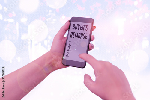 Word writing text Buyer Remorse. Business photo showcasing a feeling of regret experienced after making a purchase