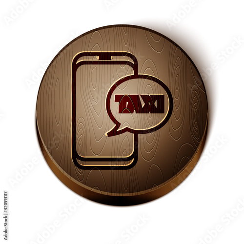 Brown line Taxi call telephone service icon isolated on white background. Taxi for smartphone. Wooden circle button. Vector Illustration
