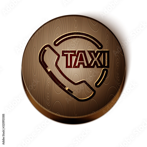 Brown line Taxi call telephone service icon isolated on white background. Taxi for smartphone. Wooden circle button. Vector Illustration