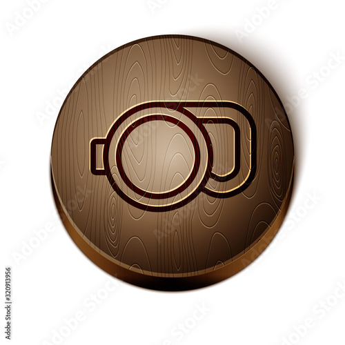 Brown line Retractable cord leash with carabiner icon isolated on white background. Pet dog lead. Animal accessory for outdoors walk. Wooden circle button. Vector Illustration