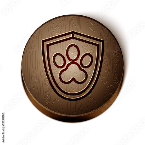 Brown line Animal health insurance icon isolated on white background. Pet protection icon. Dog or cat paw print. Wooden circle button. Vector Illustration