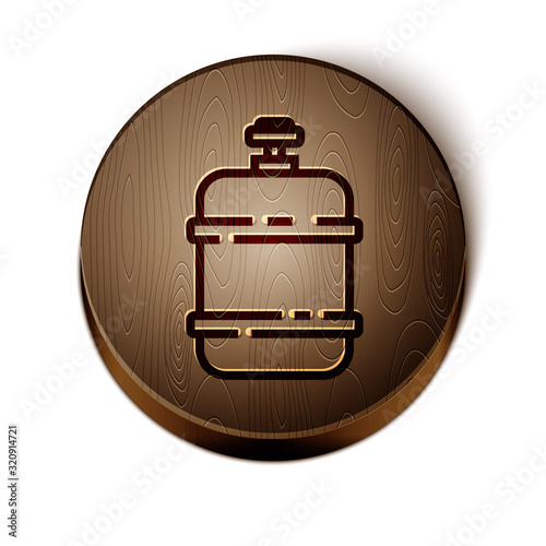 Brown line Propane gas tank icon isolated on white background. Flammable gas tank icon. Wooden circle button. Vector Illustration