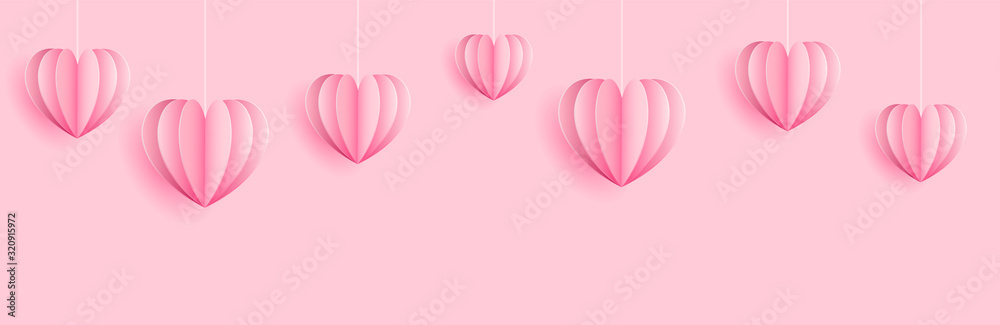 Pink hearts paper craft cut out seamless background banner