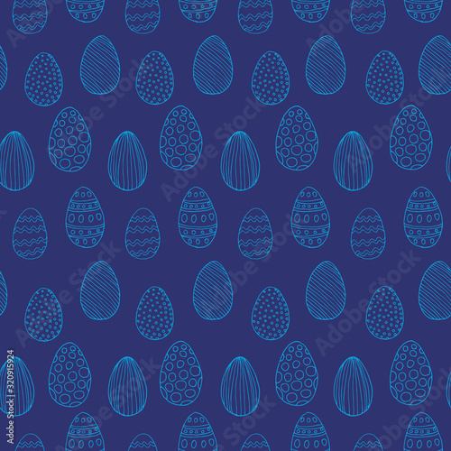 Pattern with blue eggs in doodle style on dark blue background, vector, easter