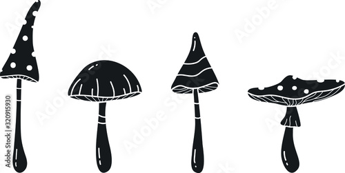 Poisonous mushrooms icon set. Vector, black and white. Psychedelic, minimalistic. 