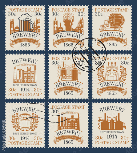 Vector set of old postage stamps on the theme of beer and brewery. Philatelic collection of stamps with postmarks in retro style