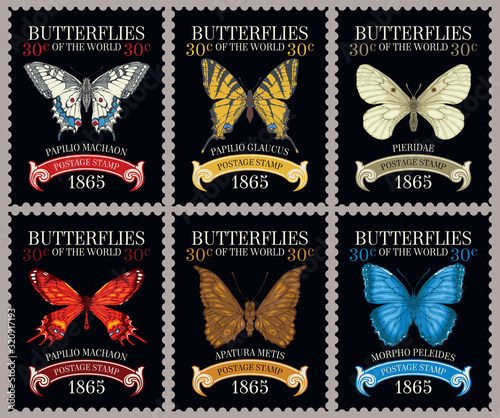 Vector set of old postage stamps with various bright beautiful butterflies and their names on the black background in retro style