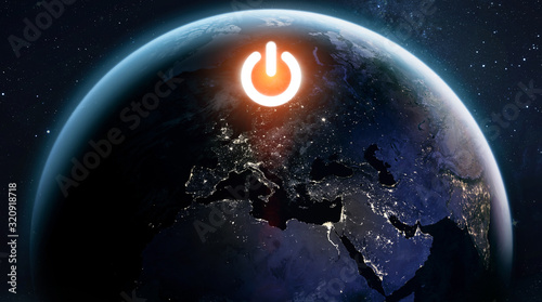 Earth with electrical power button. Earth hour event. Ecology and environment. Elements of this image furnished by NASA