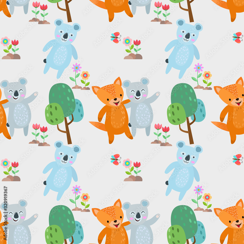 Obraz premium koala bear and fox seamless pattern fabric textile wallpaper.