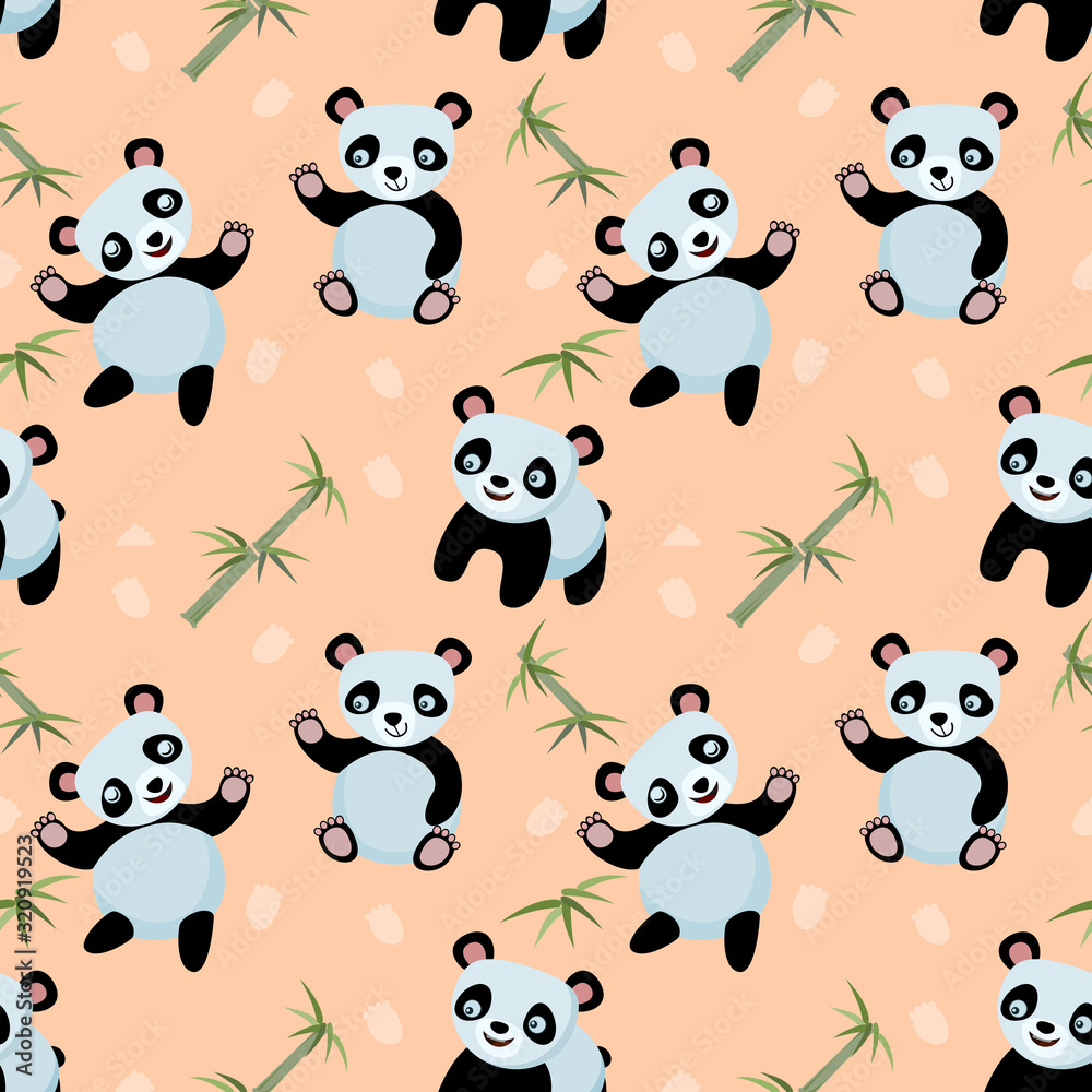 Fototapeta premium Cute panda bears with bamboo plant seamless pattern background wallpaper.