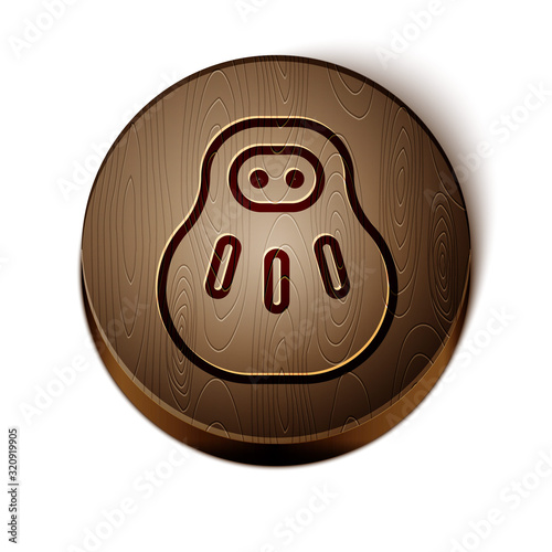 Brown line Maneki neko cat icon isolated on white background. Japan lucky charm. Wooden circle button. Vector Illustration