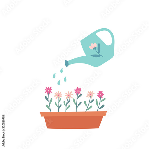 Lovely flowers with a watering can. Cartoon vector illustration isolated on white background.