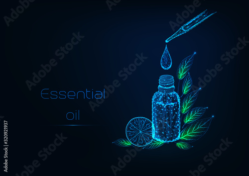Futuristic essential oils therapy concept with pipette, bottle, oil drop, herbal leaves, lemon