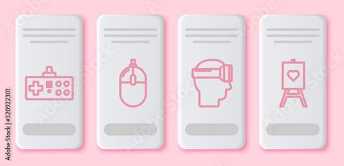 Set line Gamepad, Computer mouse, Virtual reality glasses and Wood easel or painting art boards. White rectangle button. Vector