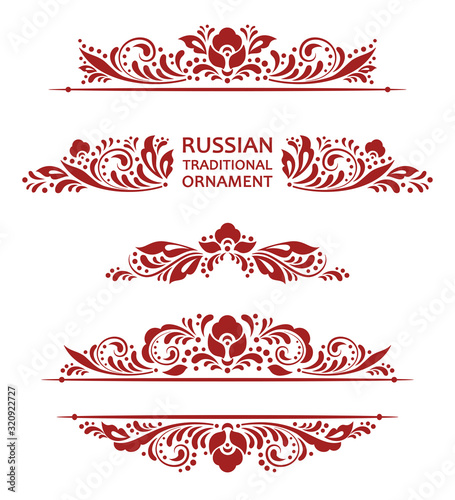 Floral design elements in russian traditional folk style. Ethnic floral ornament with leaves, flowers. Isolated vector elements for decoration and design. Maslenitsa menu, russian cuisine restaurant