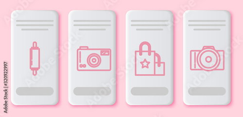 Set line Rolling pin, Photo camera, Paper shopping bag and Photo camera. White rectangle button. Vector