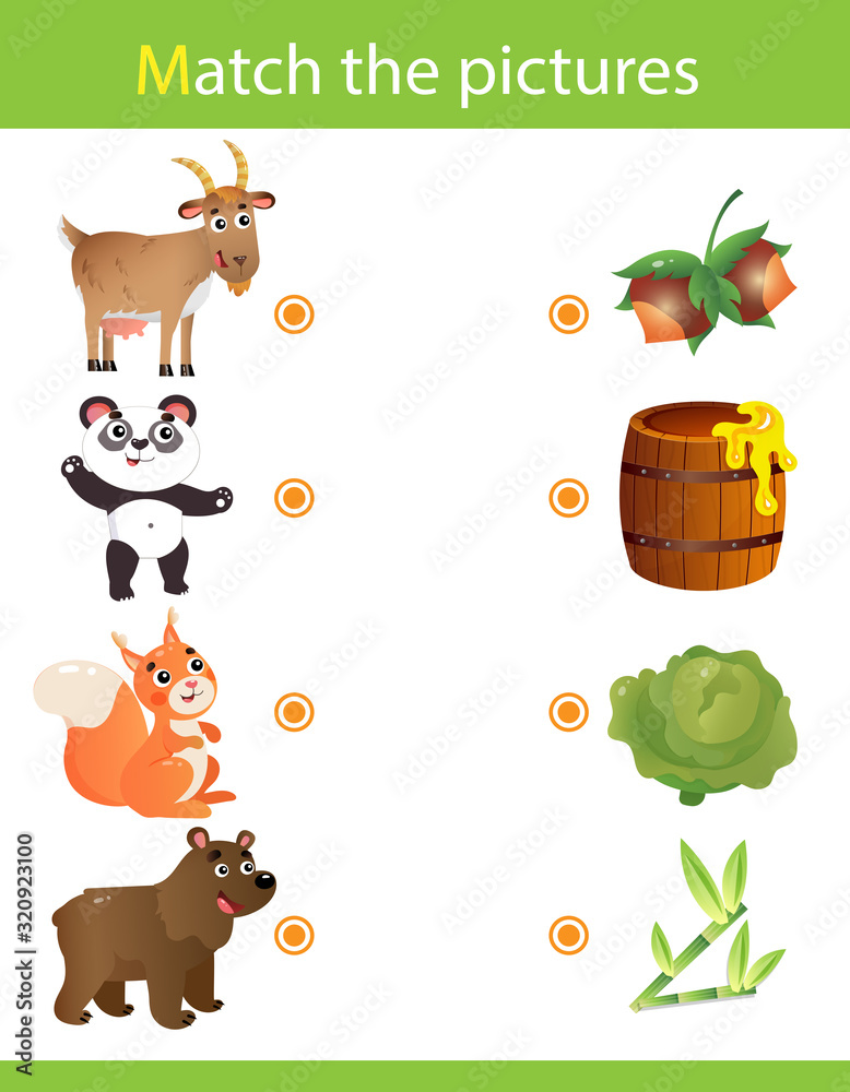 Naklejka premium Matching game, education game for children. Puzzle for kids. Match the right object. Cartoon Animals and their Favorite Food. Goat, panda, squirrel, bear.