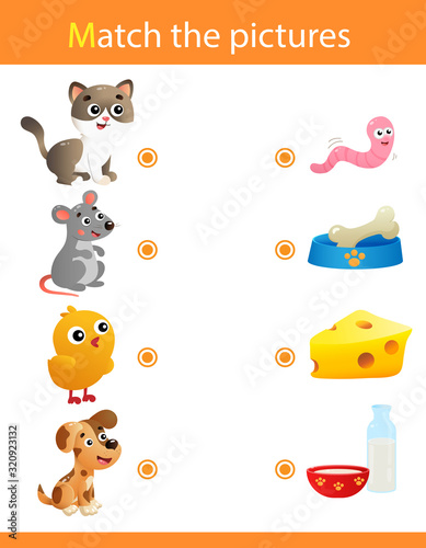Matching game, education game for children. Puzzle for kids. Match the right object. Cartoon Animals and their Favorite Food. Cat, mouse, chicken, dog.