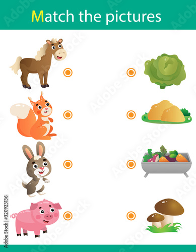Matching game, education game for children. Puzzle for kids. Match the right object. Cartoon Animals and their Favorite Food. Horse, squirrel, hare, pig.