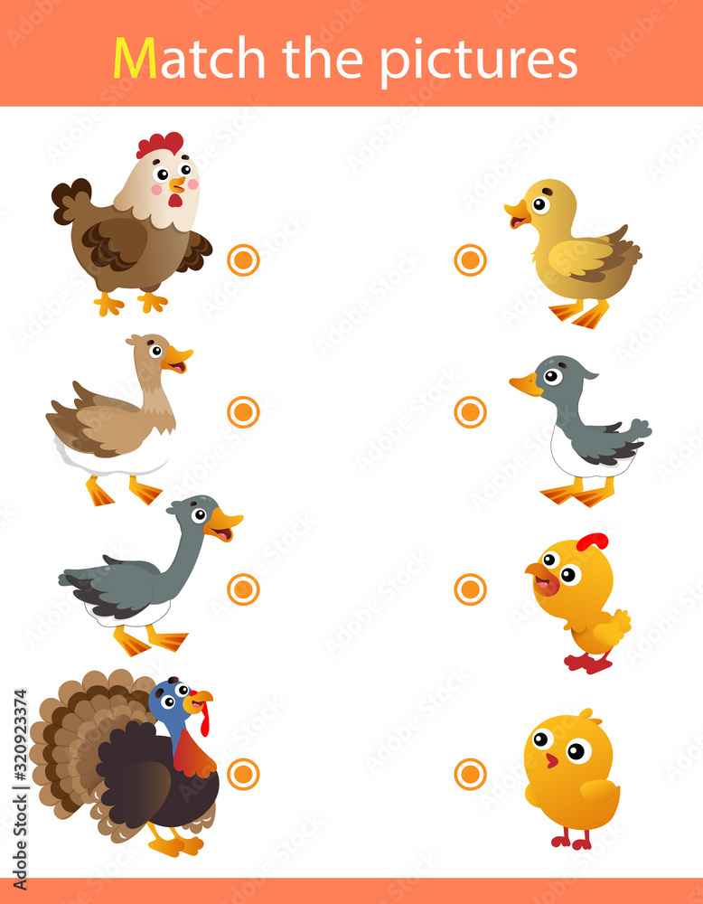 Matching game, education game for children. Puzzle for kids. Match the right object. Cartoon animals with their young. Chicken, duck, goose, turkey.