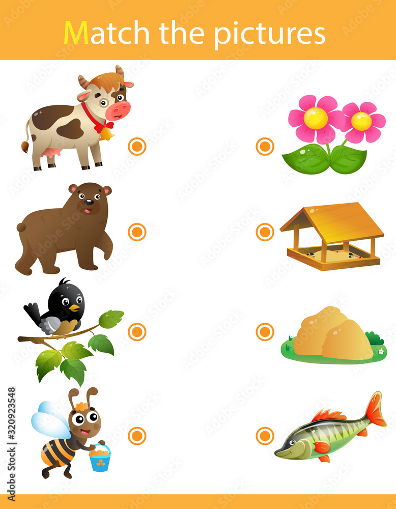Obraz premium Matching game, education game for children. Puzzle for kids. Match the right object. Cartoon Animals and their Favorite Food. Cow, bear, bird, bee.