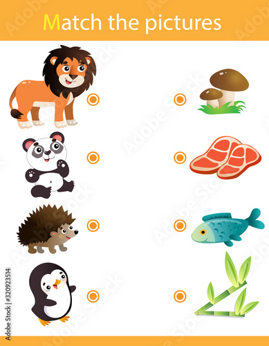 Matching game, education game for children. Puzzle for kids. Match the right object. Cartoon Animals and their Favorite Food. Lion, panda, hedgehog, penguin.