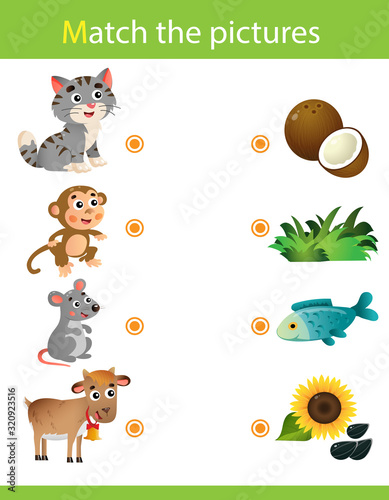 Matching game, education game for children. Puzzle for kids. Match the right object. Cartoon Animals and their Favorite Food. Cat, monkey, mouse, goat.