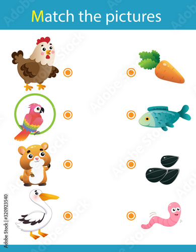 Matching game, education game for children. Puzzle for kids. Match the right object. Cartoon Animals and their Favorite Food. Chicken, parrot, hamster, pelican.