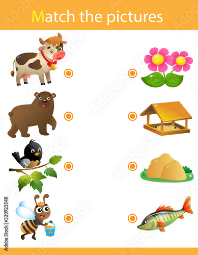 Matching game, education game for children. Puzzle for kids. Match the right object. Cartoon Animals and their Favorite Food. Cow, bear, bird, bee.