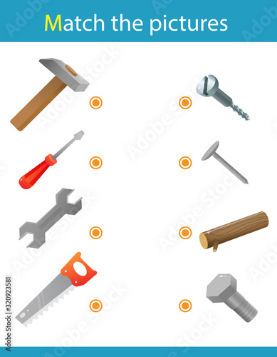 Matching game, education game for children. Puzzle for kids. Match the right object. Set of tools. Hammer, saw,  wrench, screwdriver.