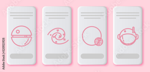 Set line Death star, Black hole, Planet and Astronaut helmet. White rectangle button. Vector