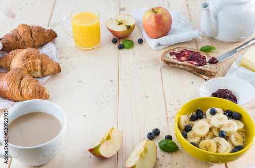 Breakfast table with delicious, tasty and healthy food
