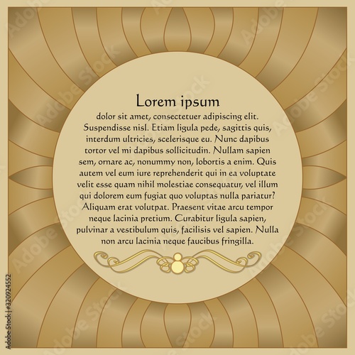 Circle text frame in luxurious design, golden decor, gradient 3d effect, template leaflet, flyer, cover, sample text, vector design