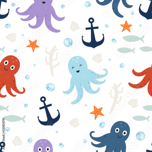 Vector seamless pattern Cute octopus