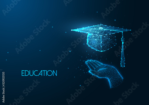 Futuristic education concept with glowing low polygonal human hand holding graduation cap