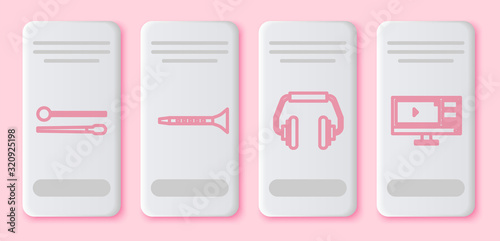 Set line Drum sticks, Clarinet, Headphones and Video recorder or editor software on monitor. White rectangle button. Vector