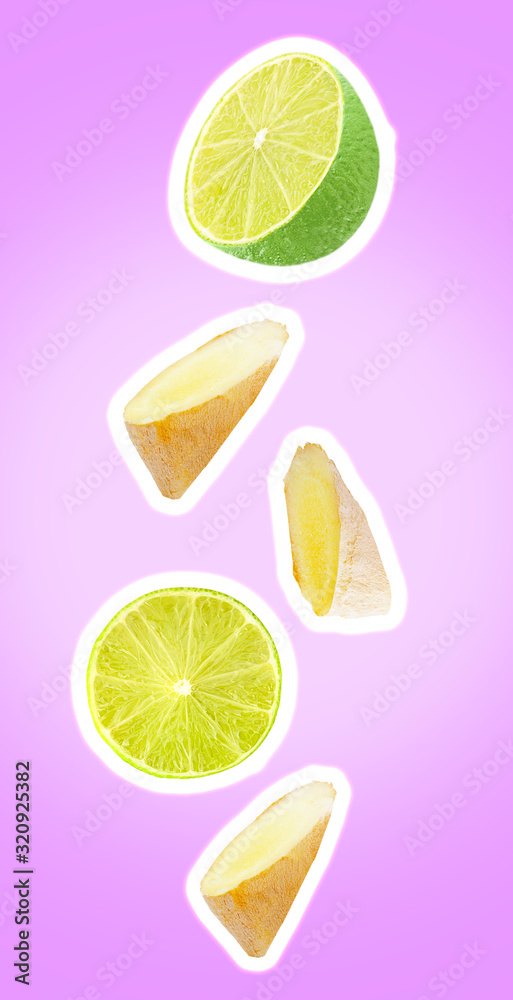 Floating lime and ginger isolated on cyan background Floating lime and ginger isolated on cyan background