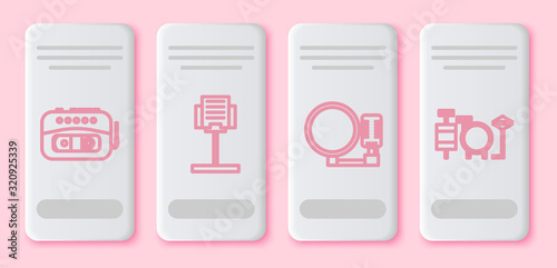 Set line Music tape player, Music stand, Microphone and Drums. White rectangle button. Vector