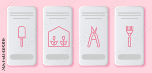 Set line Garden trowel spade or shovel, Home greenhouse and plants, Gardening handmade scissors and Garden rake. White rectangle button. Vector