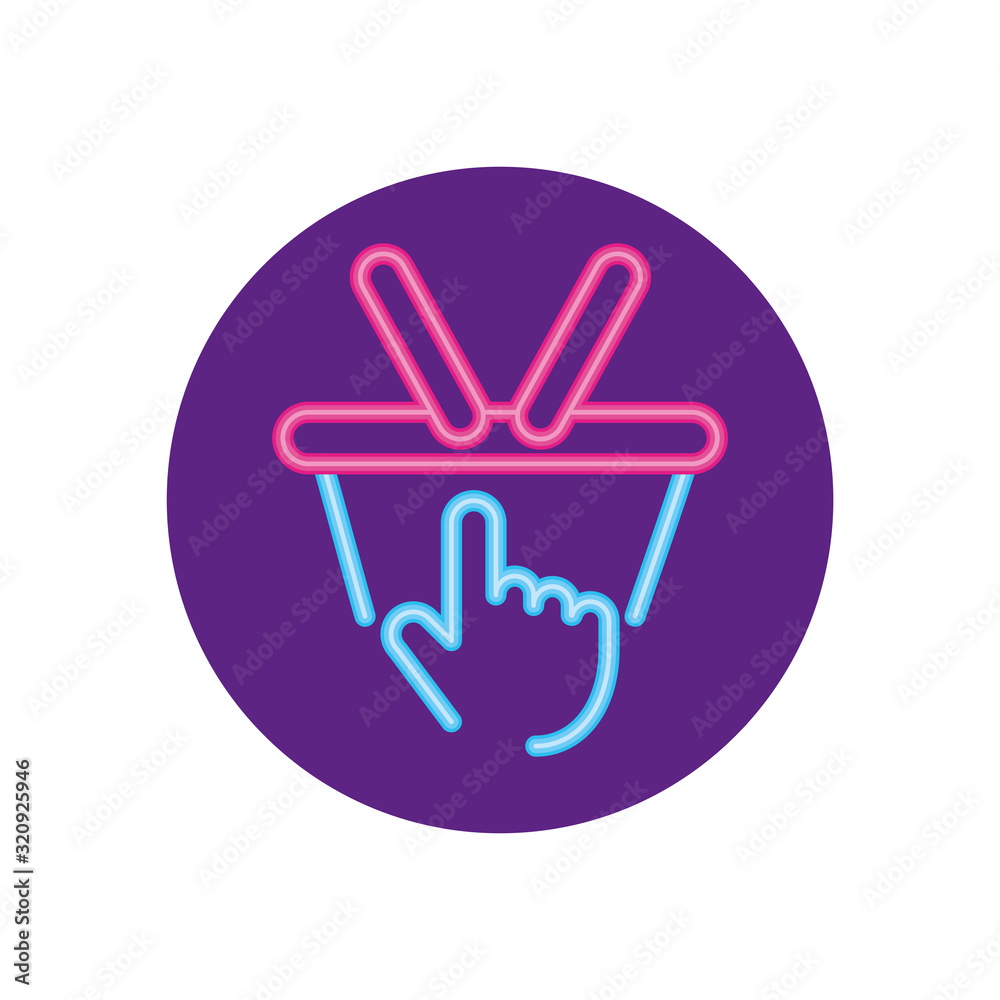 Isolated neon shopping basket and hand vector design Isolated neon shopping basket and hand vector design