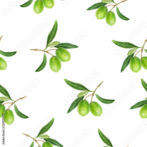 Green olives hand drawn watercolor illustration. Seamless pattern.