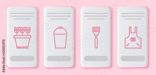 Set line Plants in pot, Bucket, Garden rake and Kitchen apron. White rectangle button. Vector