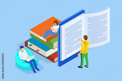 Isometric concept for Digital Reading, E-classroom Textbook, Modern Education, E-learning, Online Training and Course, Audio Tutorial, Distance Education, Ebook and Students photo